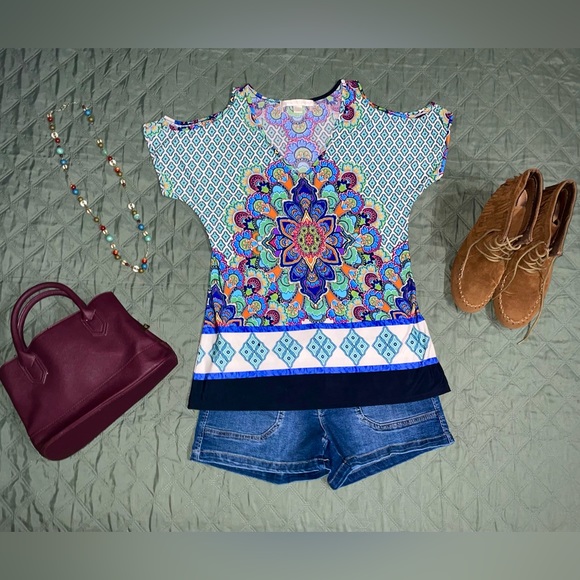 BOSTON PROPER Center-Burst Cold-Shoulder Top, sz XXS (Fits like a Small), NWOT - Picture 2 of 7